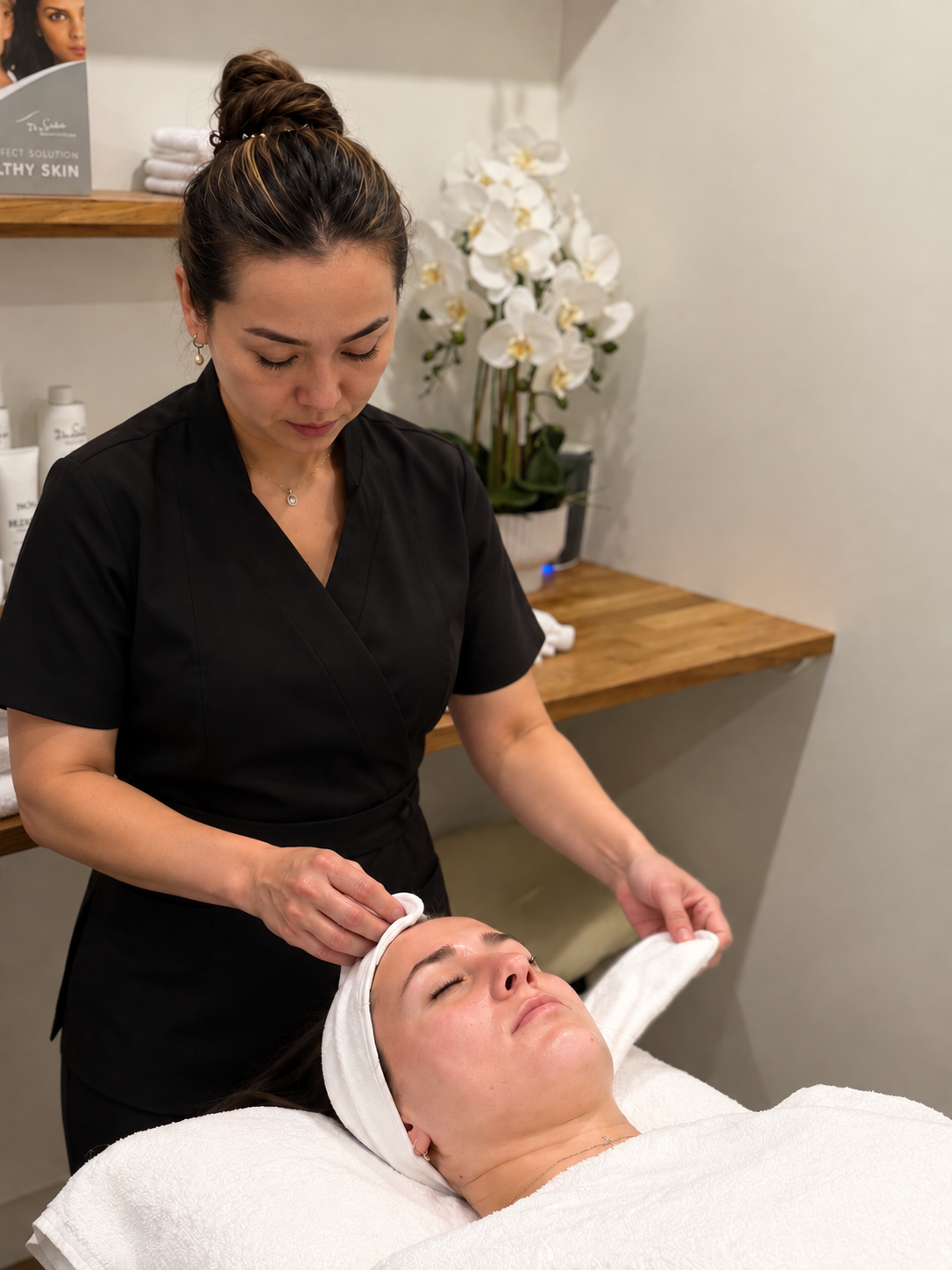 A therapist applying a mask with a brush during a facial treatment.